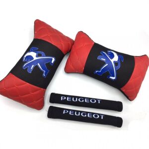 Peugeot  Uyumlu Yedek Parça Logolu Boyun Yastığı ve Emniyet Kemer Kılıfı Kırmızı