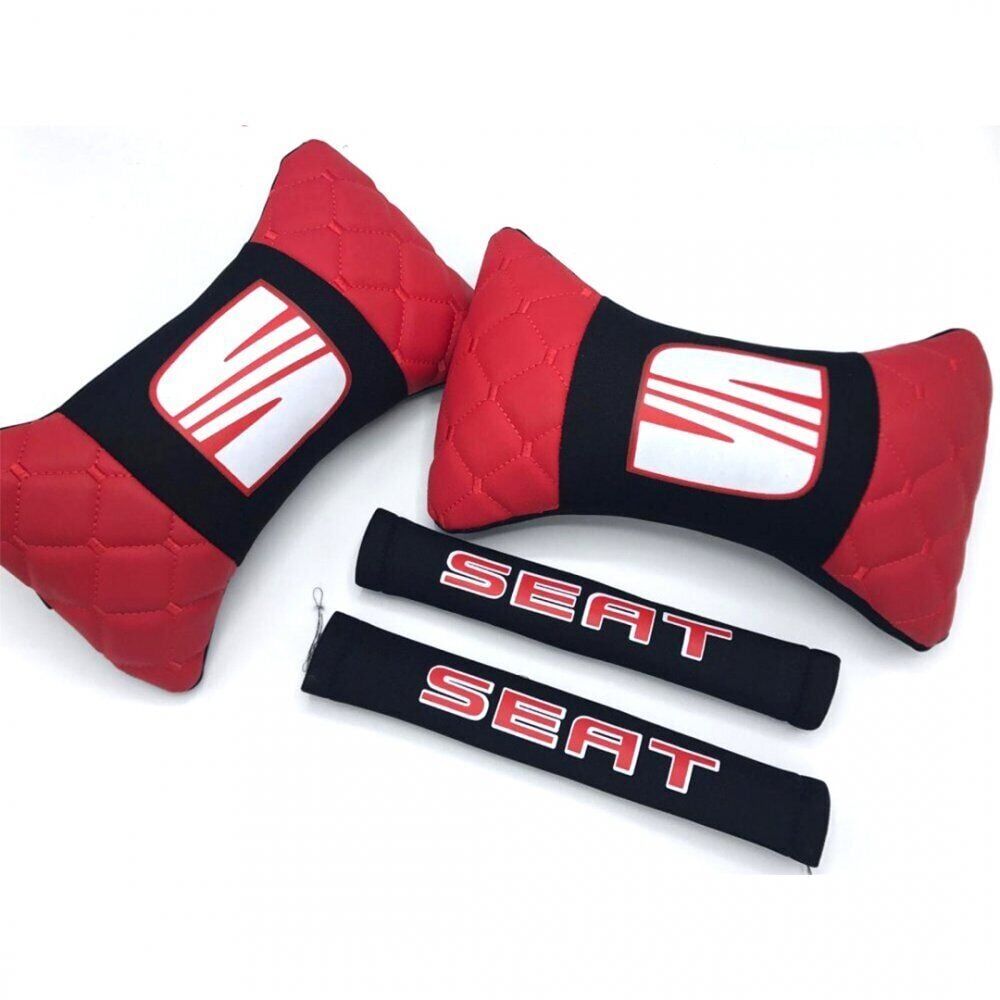 Seat Uyumlu Yedek Parça Logolu Boyun Yastığı ve Emniyet Kemer Kılıfı Kırmızı Siyah
